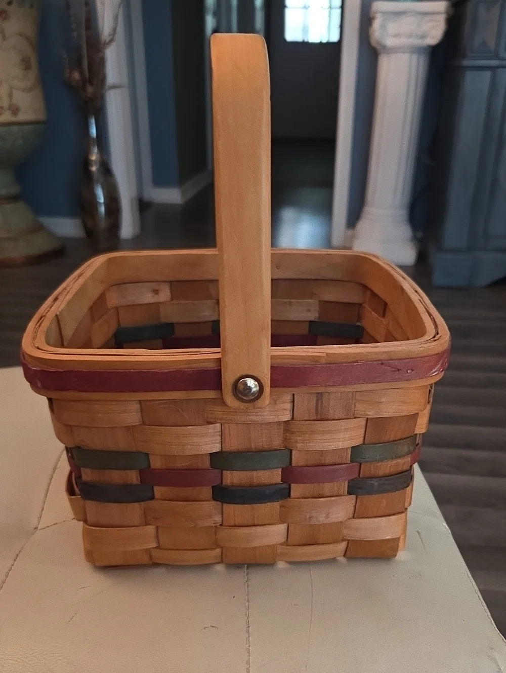 Handwoven Decorative Basket with Handle - Natural, Red, Green Accents